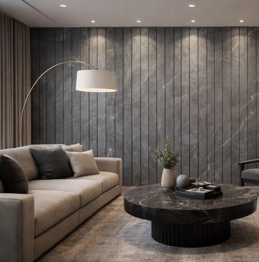 Warm wood-finish wall panelling as a living room feature wall
