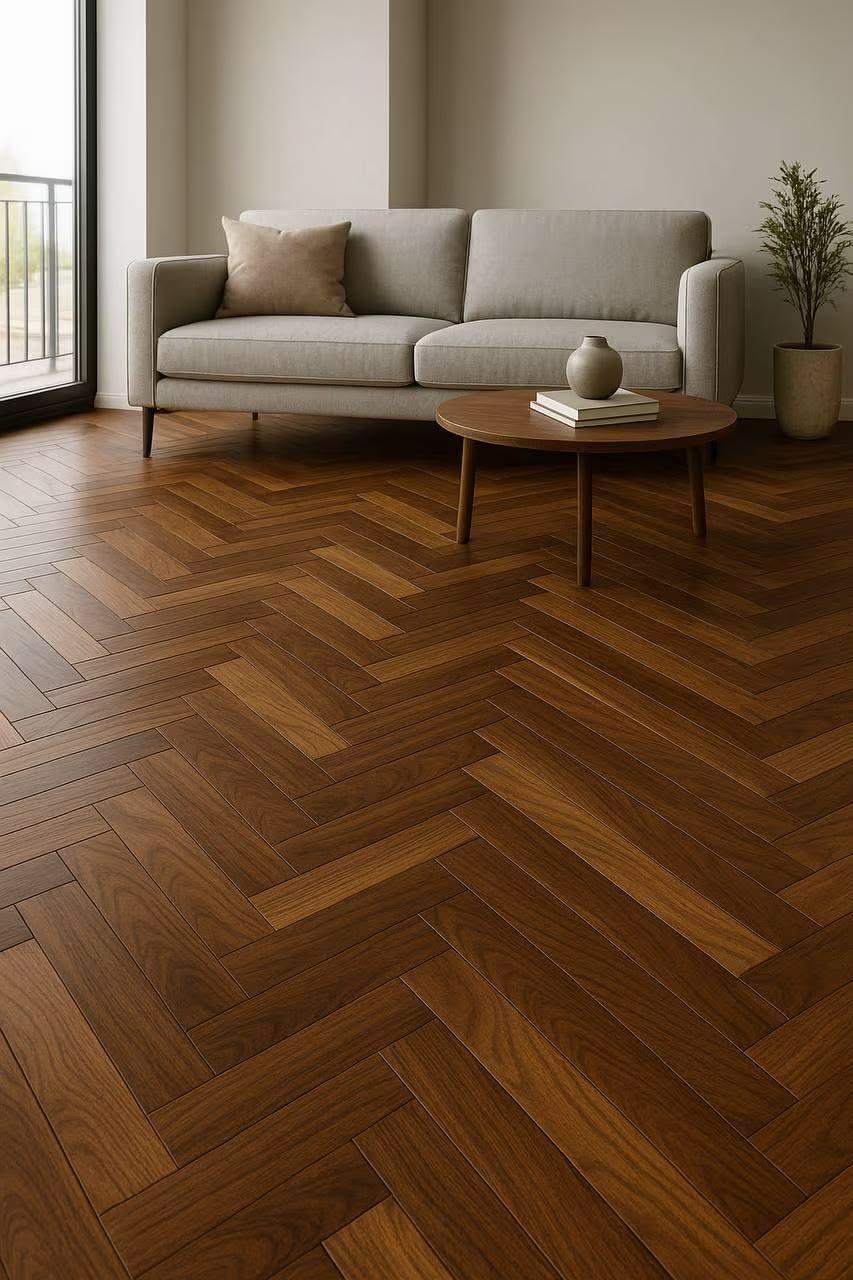 Rich engineered wooden flooring in a sunlit living space